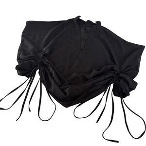 Y2K Style Black Ruched Drawstring Sheer V Neck Kimono Tunic Top Alt Goth Small